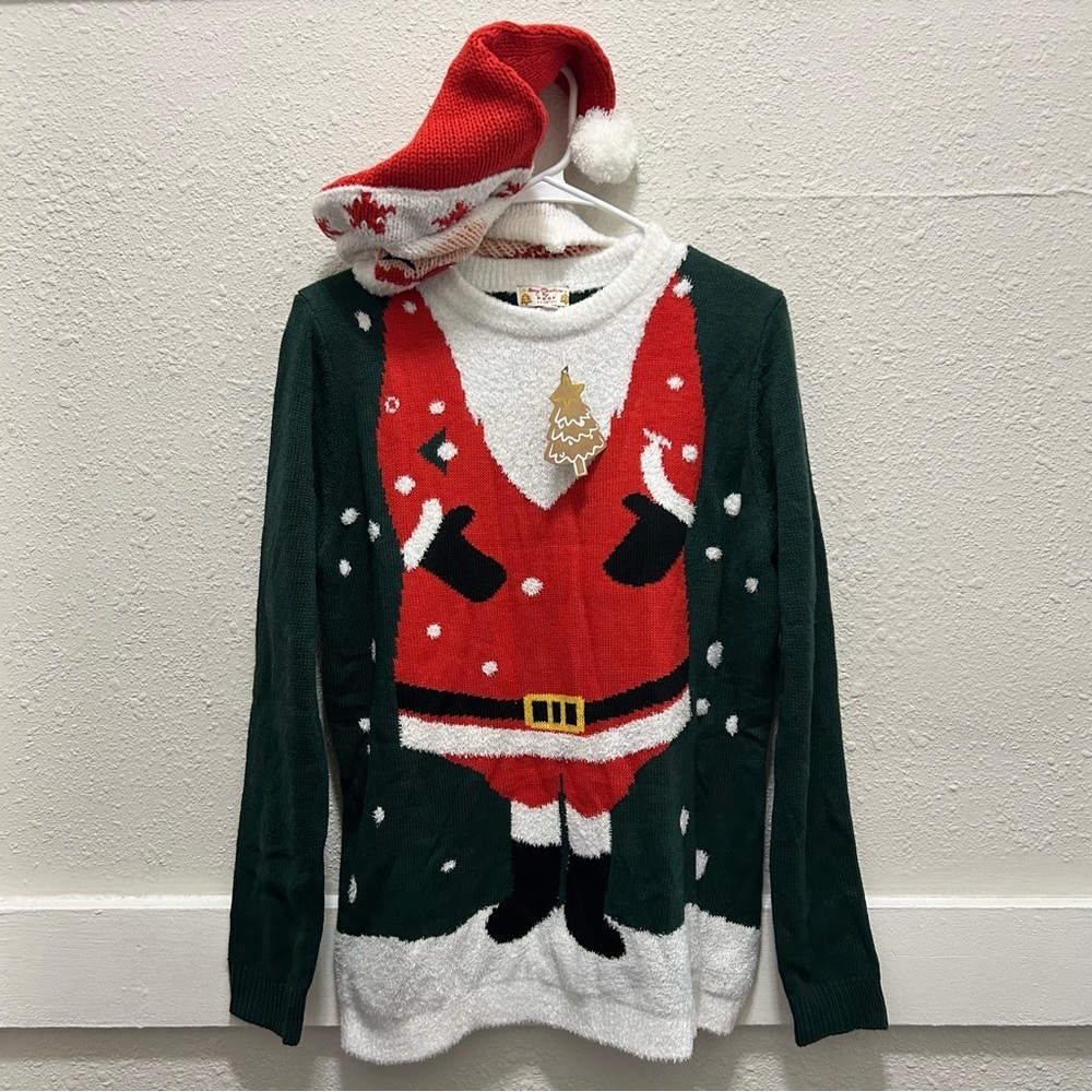 Merry Christmas by Poof Santa Hat and Sweater NWT L